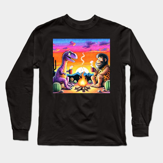 Dinosaur & Caveman Sunset Campfire - Prehistoric Friends Gathering Long Sleeve T-Shirt by KontrAwersPL